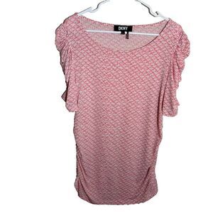 DKNY Blouse Women's XL Ruched Short Sleeve Round Neck Pink Career Top Shirt